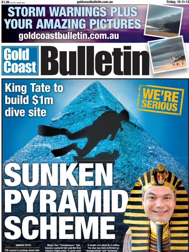 A November 2013 Gold Coast Bulletin front page revealing the pyramid proposal.