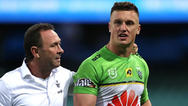 Canberra Raiders coach Ricky Stuart with Jack Wighton after the match during NRL match between the Sydney Roosters and Canberra Raiders at the SCG. Picture. Phil Hillyard