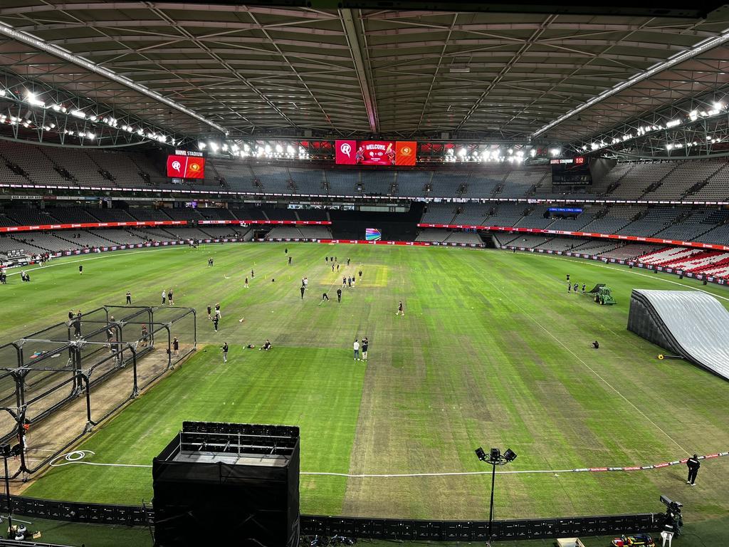 The surface at Marvel Stadium before the BBL game between the Scorchers and Renegades. Picture: Corbin Middlemas