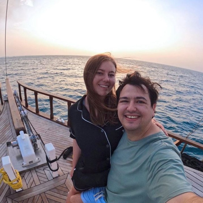 Brittany Higgins with her partner David Sharaz in the Maldives.