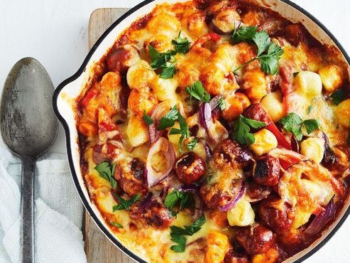 10-minute cheesy gnocchi and meatball bake.