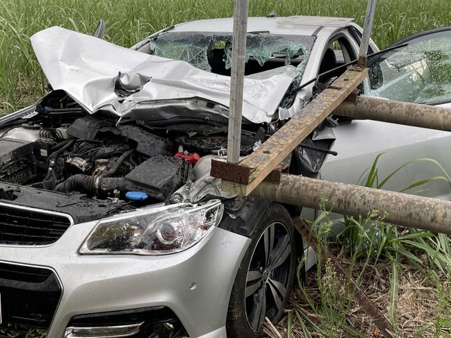 A car has crashed into irrigation equipment in a cane field in Farleigh, seriously injuring the driver. Photo: Zoe Devenport