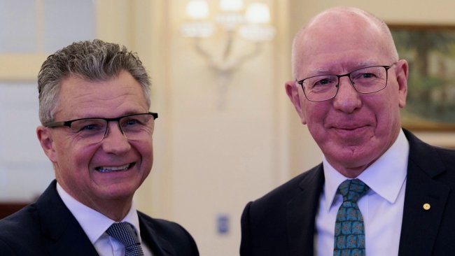 New Assistant Minister for the Republic with the Queen's representative in Australia, Governor-General David Hurley at the swearing-in ceremony in Canberra. Picture: Twitter/@MThistlethwaite.