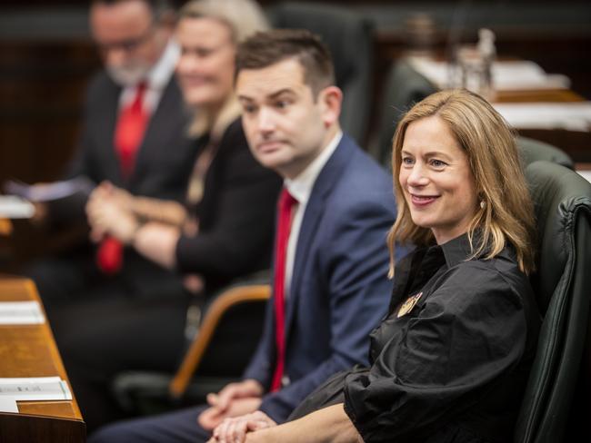 New MP Dean Winter and Rebecca White on the first day of Tasmania's new parliament after 2021 state election. Picture: Richard Jupe