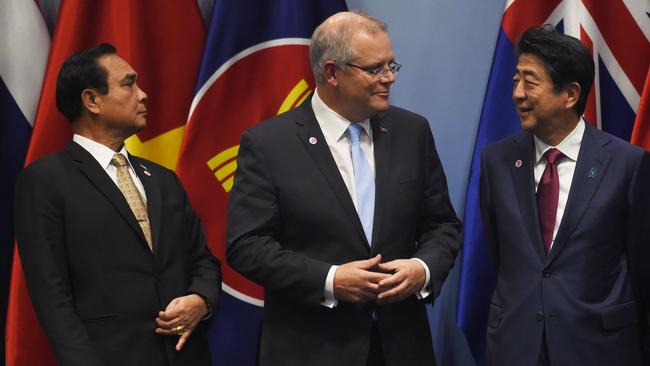 Thai Prime Minister Prayut Chan-O-Cha beside Prime Minister Scott Morrison and Japan's former Prime Minister Shinzo Abe at the 2nd Regional Comprehensive Economic Partnership summit (RCEP) in 2018. Picture: AFP