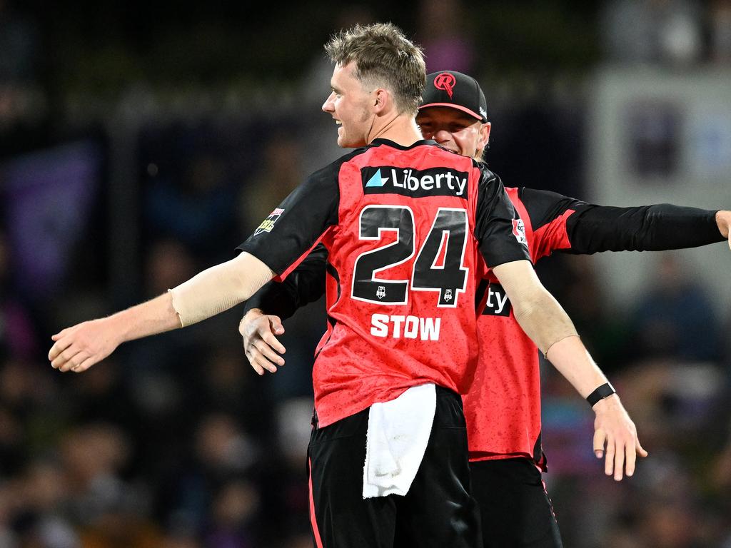 Callum Stow and Jake Fraser-McGurk celebrate the wicket of Jake Doran Picture: Steve Bell/Getty Images