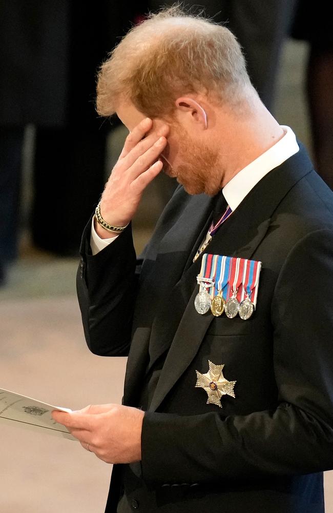 Britain's Prince Harry, Duke of Sussex attends a service for the reception of Queen Elizabeth II's coffin inside Westminster Hall, at the Palace of Westminster. Picture: AFP