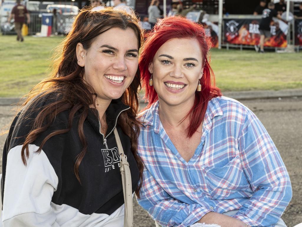 Samantha Burnes (left) and Emalee Humphries at Meatstock, Toowoomba Showgrounds. Friday, April 8, 2022. Picture: Nev Madsen.