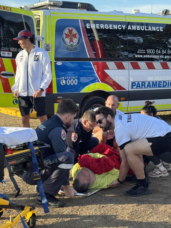 Local footy game stopped after goal umpire concussed.