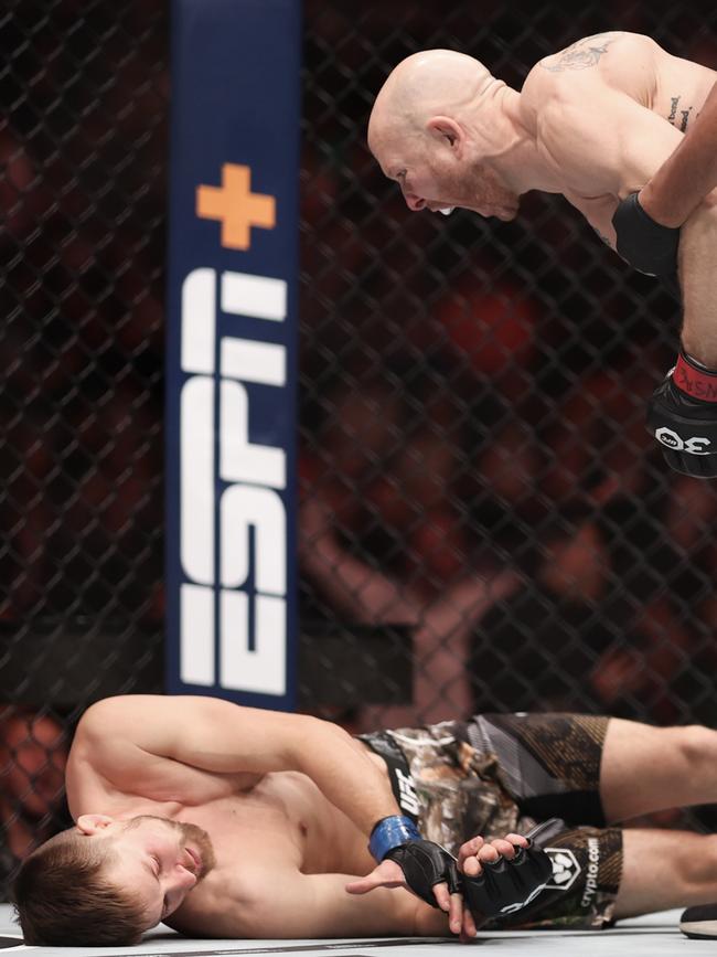 Josh Emmett celebrates after knocking out Bryce Mitchell. (Photo by Sean M. Haffey/Getty Images)