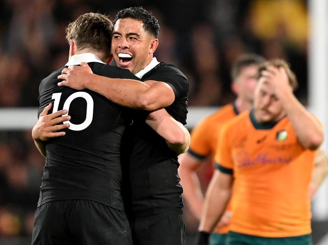 WELLINGTON, NEW ZEALAND - SEPTEMBER 28: Anton Lienert-Brown celebrates with Beauden Barrett of New Zealand during The Rugby Championship & Bledisloe Cup match between New Zealand All Blacks and Australia Wallabies at Sky Stadium on September 28, 2024 in Wellington, New Zealand. (Photo by Hannah Peters/Getty Images)