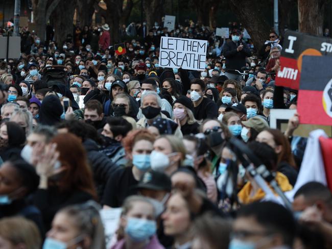 Black Lives Matter protest at Sydney Town Hall today. Protesters marched in their thousands to Belmore Park. Picture: David Swift