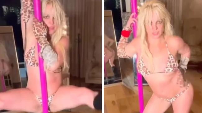 Britney dances on her newly-installed pole.