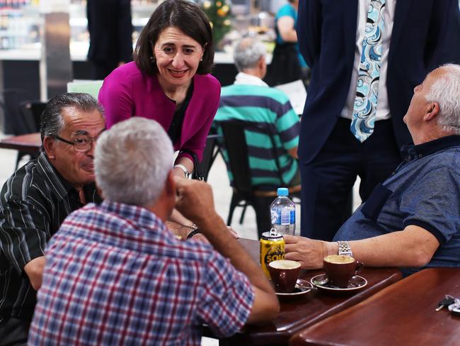 NSW Premier Gladys Berejiklian chats to some of the locals on a visit to Seven Hills Plaza. Picture: Phil Hillyard