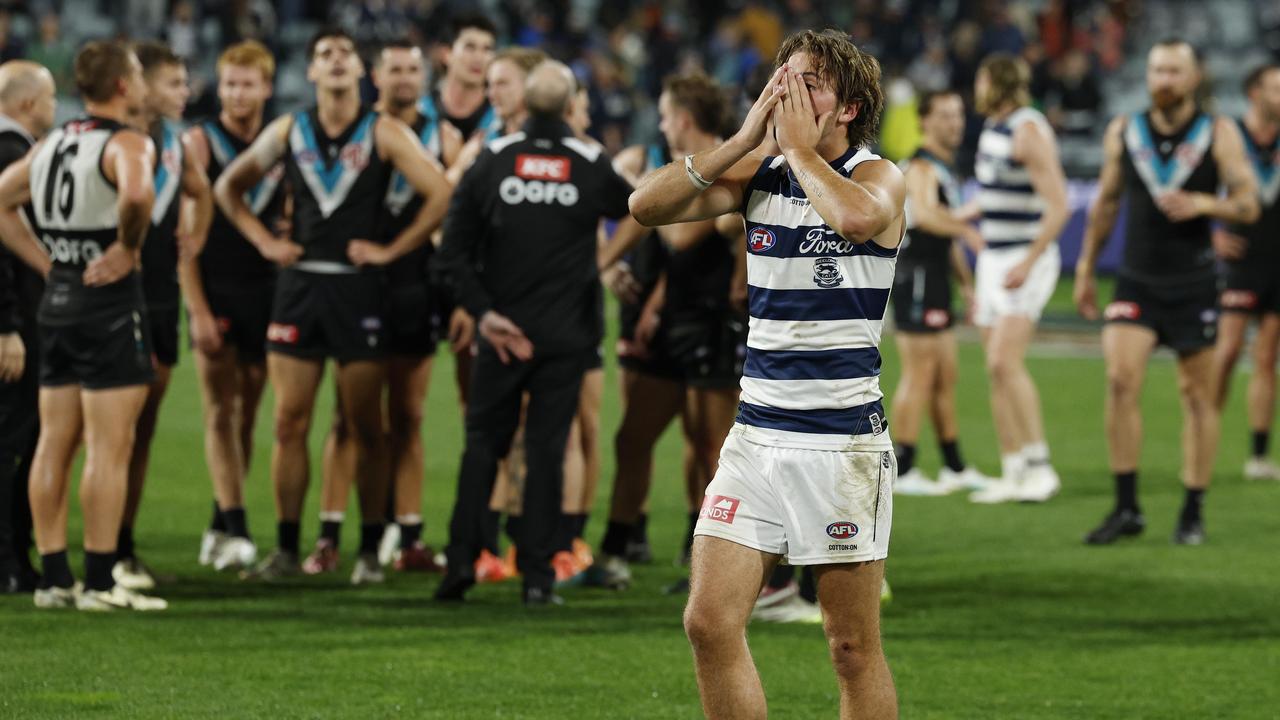 MELBOURNE , AUSTRALIA. May 5 , 2024.  AFL Round 10 . Geelong vs Port Adelaide at GMHBA Stadium.   Jhye Clark of the Cats  after tonights loss   . Pic: Michael Klein
