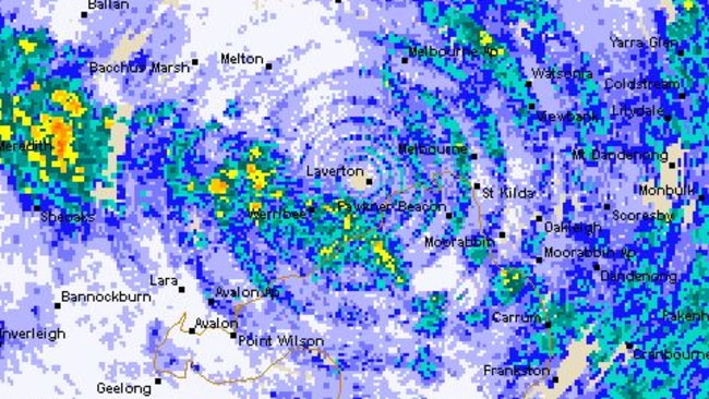 A Bureau of Meteorology's Victorian radar glitch made it seem rain was hitting most of the state — except for the eye of the storm near Laverton. Picture: BOM