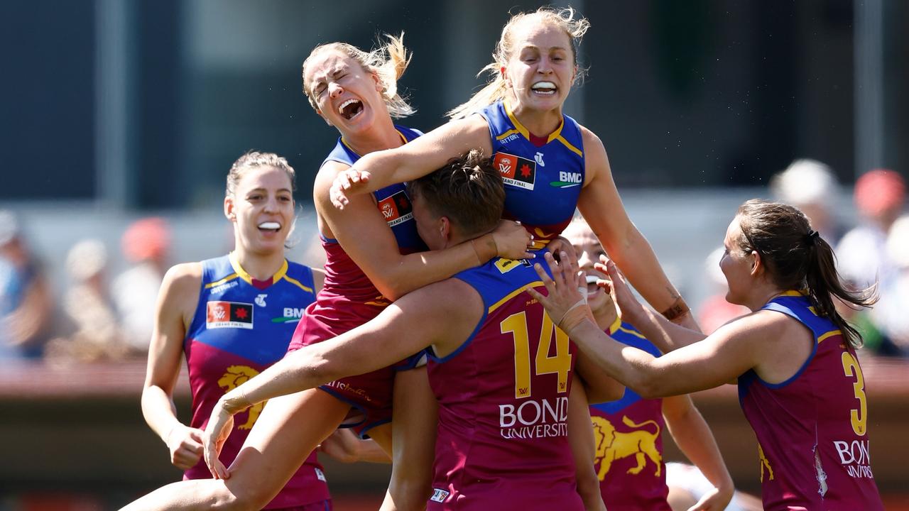 Teammates jump on Davidson after her final quarter goal. Picture: Getty Images