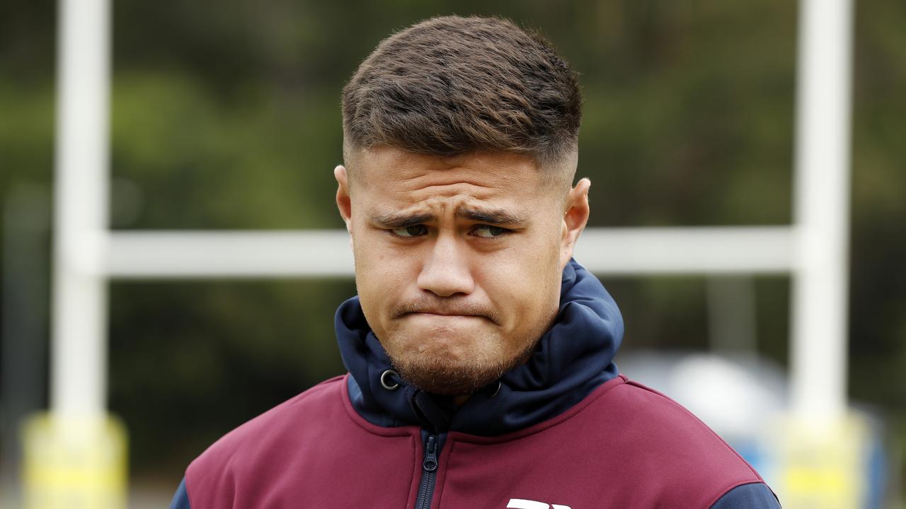 Manly Warringah Sea Eagles player Josh Schuster speaking to the media during a training session at the Sydney Academy of Sport and Recreation in North Narrabeen. Picture: Jonathan Ng