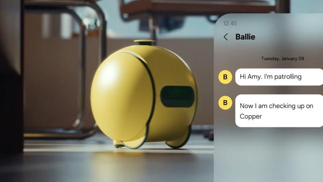 Samsung's Ballie home robot assistant can be controlled remotely via an app to perform tasks around the home.