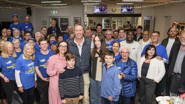 Groom LNP candidate Garth Hamilton with family, volunteers and supporters at Club Toowoomba on federal election night, Saturday, May 3, 2025. Picture: Kevin Farmer