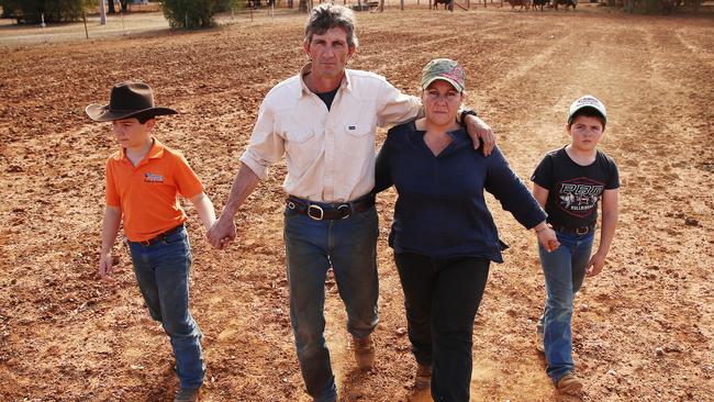 The O'Brien family from Five Ways on their drought ravaged farm. Picture: Sam Ruttyn