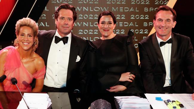 Kylie Rogers, Gillon McLachlan, Laura Kane and Andrew Dillon at the 2022 Brownlow Medal. Picture: Getty Images