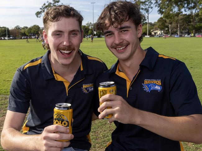 May 3, 2025: Jordie Wittervan (25) and Jesse Romeo (19) at Mitcham hawks footy like their mullets and Moes.  Picture: Kelly Barnes