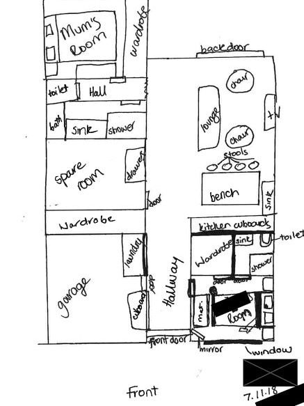 Drawing of the victim's house tendered to the court. Picture: NSW District Court
