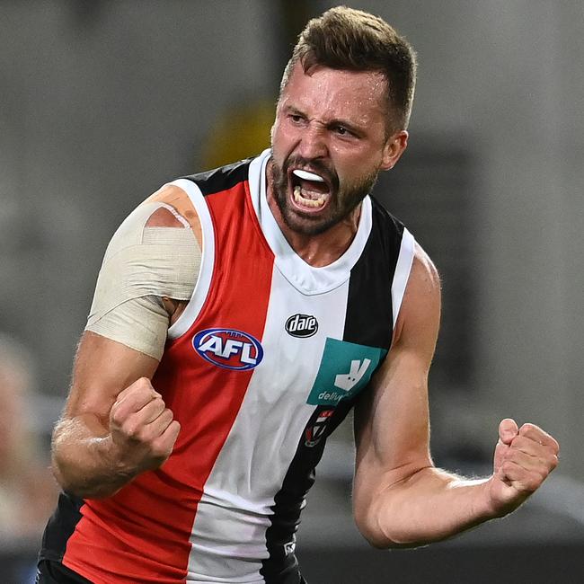 Jarryn Geary celebrates after kicking a goal for St Kilda in 2020. (Photo by Quinn Rooney/Getty Images)