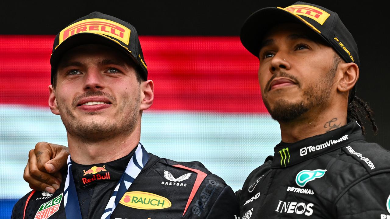 Max Verstappen and Lewis Hamilton. Photo by Minas Panagiotakis/Getty Images)