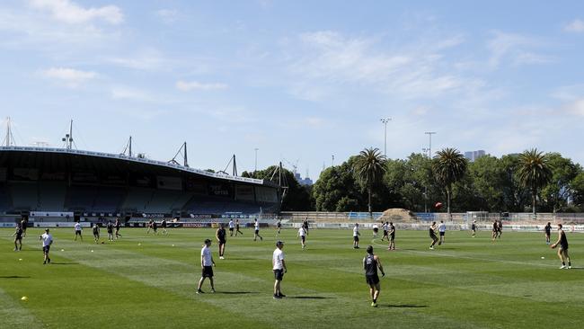 Blues players take part in a training drill at their home ground. Picture: AFL Photos via Getty Images