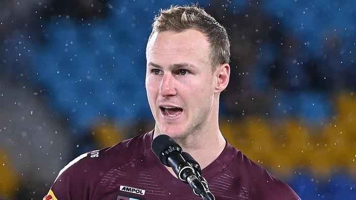 GOLD COAST, AUSTRALIA - JULY 14: Daly Cherry-Evans of the Maroons talks during the trophy presentation after game three of the 2021 State of Origin Series between the New South Wales Blues and the Queensland Maroons at Cbus Super Stadium on July 14, 2021 in Gold Coast, Australia. (Photo by Bradley Kanaris/Getty Images)