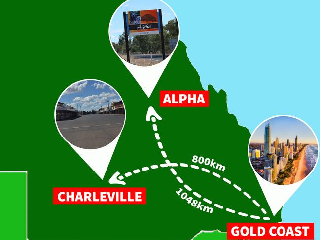 Where Alpha and Charleville are located in relation to the Gold Coast.