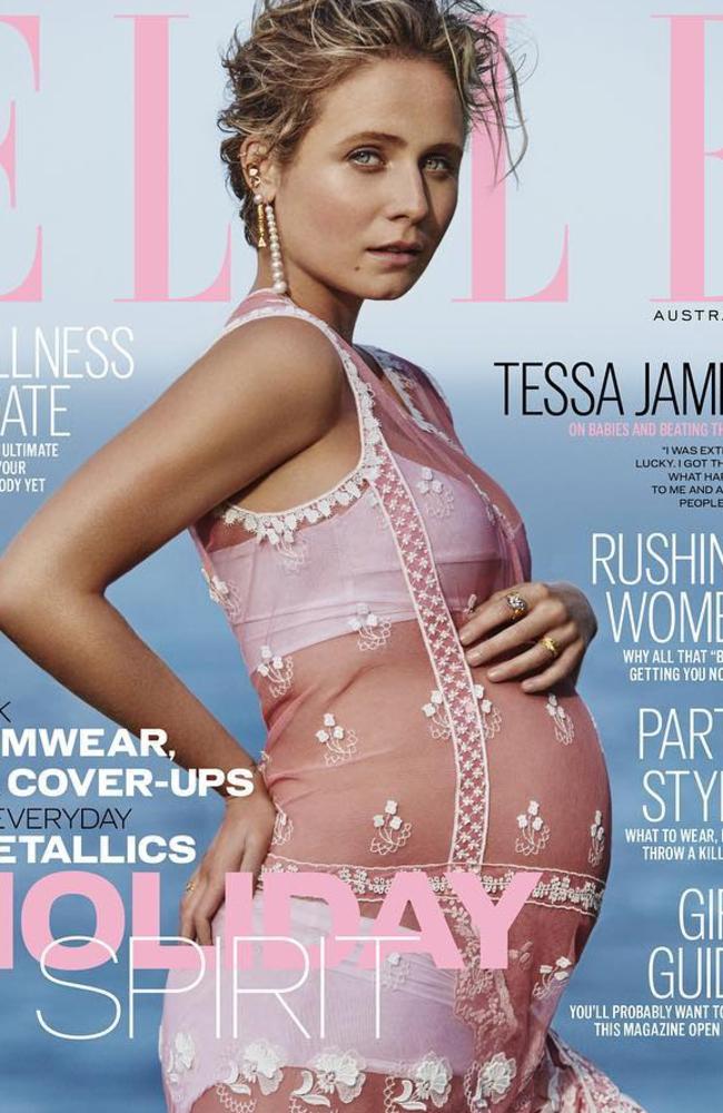 Tessa James, pictured on the cover of Elle magazine showing off her baby bump in December. Picture: @tessacharis/Instagram