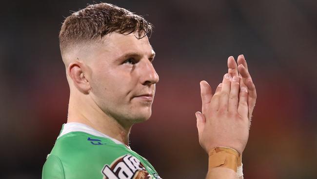 CANBERRA, AUSTRALIA - OCTOBER 03: George Williams of the Raiders thanks the crowd after winning the NRL Elimination Final match between the Canberra Raiders and the Cronulla Sharks at GIO Stadium on October 03, 2020 in Canberra, Australia. (Photo by Mark Kolbe/Getty Images)