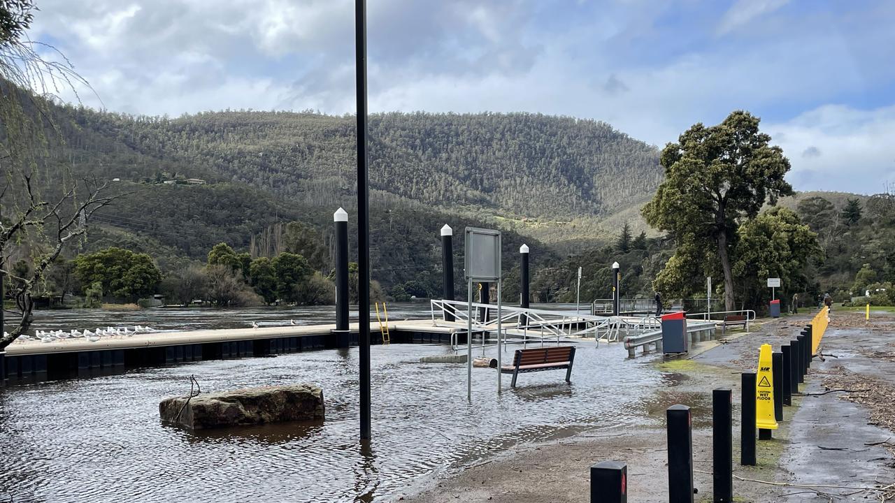 Flooding along New Norfolk's Esplanade. Picture: Genevieve Holding