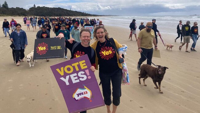Woolgoolga residents take to the beach for the Yes campaign. Picture: Andrew Lander Photography