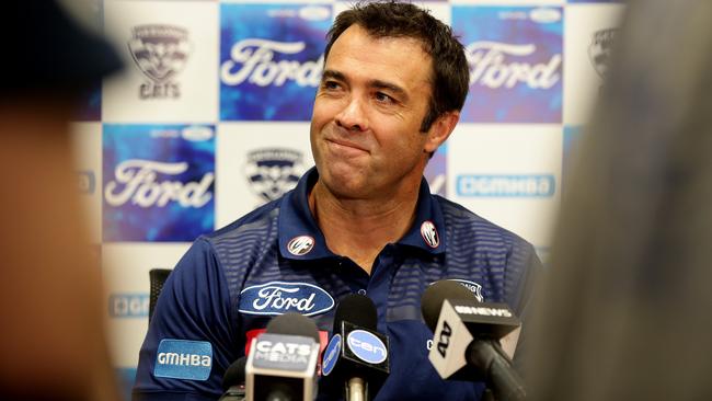 Chris Scott speaks to the media. Picture: Alison Wynd