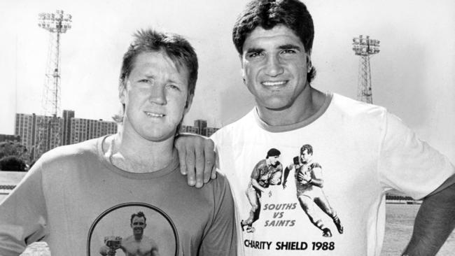 Souths players Craig Coleman (L) and Mario Fenech at Redfern Oval in 1988. Pic Barry Newbury.