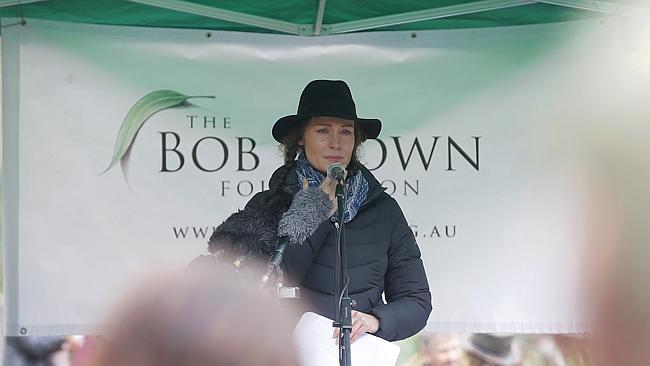 A visibly emotional Lisa Gormley speaks at yesterday’s rally. Picture: Luke Bowden