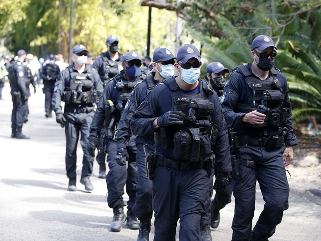 Police at the Freedom Rally in the Brisbane CBD. Picture: NCA NewsWire / Josh Woning