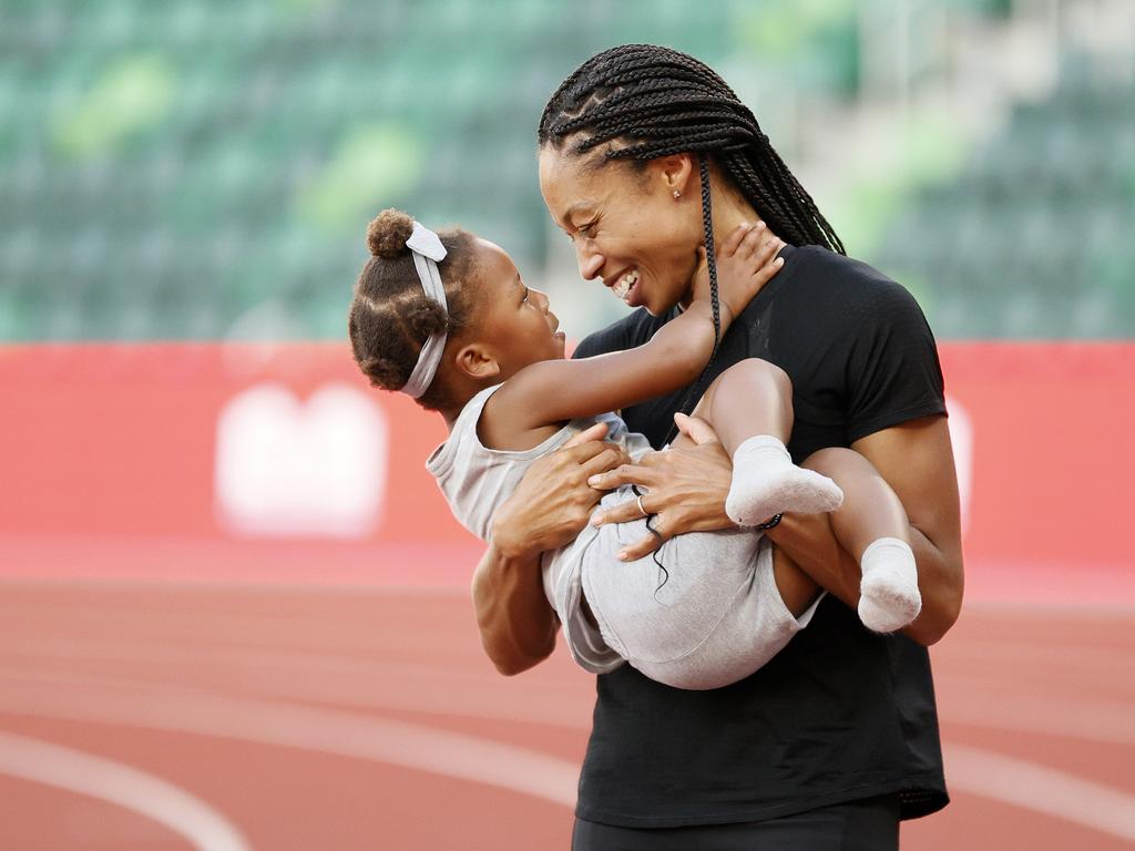 Allyson Felix with her daughter Camryn. (Photo by Steph Chambers/Getty Images)