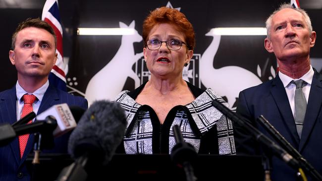 Queensland Senator and One Nation leader Pauline Hanson (centre), flanked by party officials James Ashby (left) and Steve Dickson, speaks during a press conference in Brisbane, Thursday, March 28, 2019. Mr Ashby and Mr Dickson were caught in an al-Jazeera investigation which used hidden cameras and a journalist posing as a gun campaigner to expose the far-right party's extraordinary efforts to obtain funding in Washington DC in September. (AAP Image/Dan Peled) NO ARCHIVING