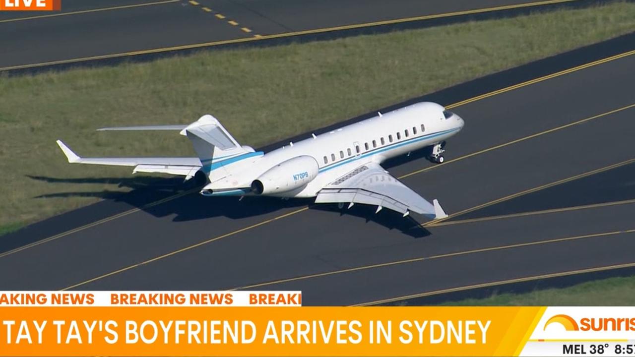 A plane believed to be transporting Travis Kelce has landed in Sydney ahead of Taylor Swift's Sydney shows. Picture: Channel 7