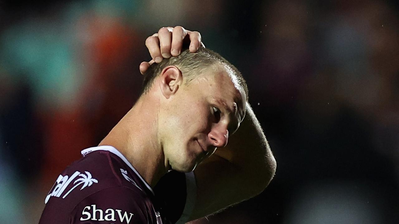 SYDNEY, AUSTRALIA - MAY 14: Daly Cherry-Evans of the Sea Eagles looks dejected after losing the round 11 NRL match between Manly Sea Eagles and Cronulla Sharks at 4 Pines Park on May 14, 2023 in Sydney, Australia. (Photo by Cameron Spencer/Getty Images)