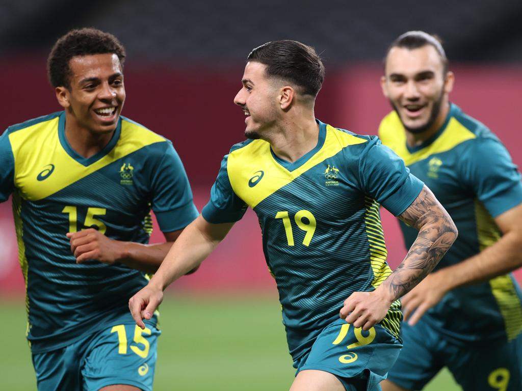 Super-sub Marco Tilio (centre) sealed the deal for the Olyroos with an epic strike from outside the box. (Photo by Masashi Hara/Getty Images)