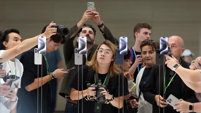 Attendees look at the new iPhone 15 during an Apple event at the Steve Jobs Theater at Apple Park on September 12, 2023 in Cupertino, California. Picture: Getty Images