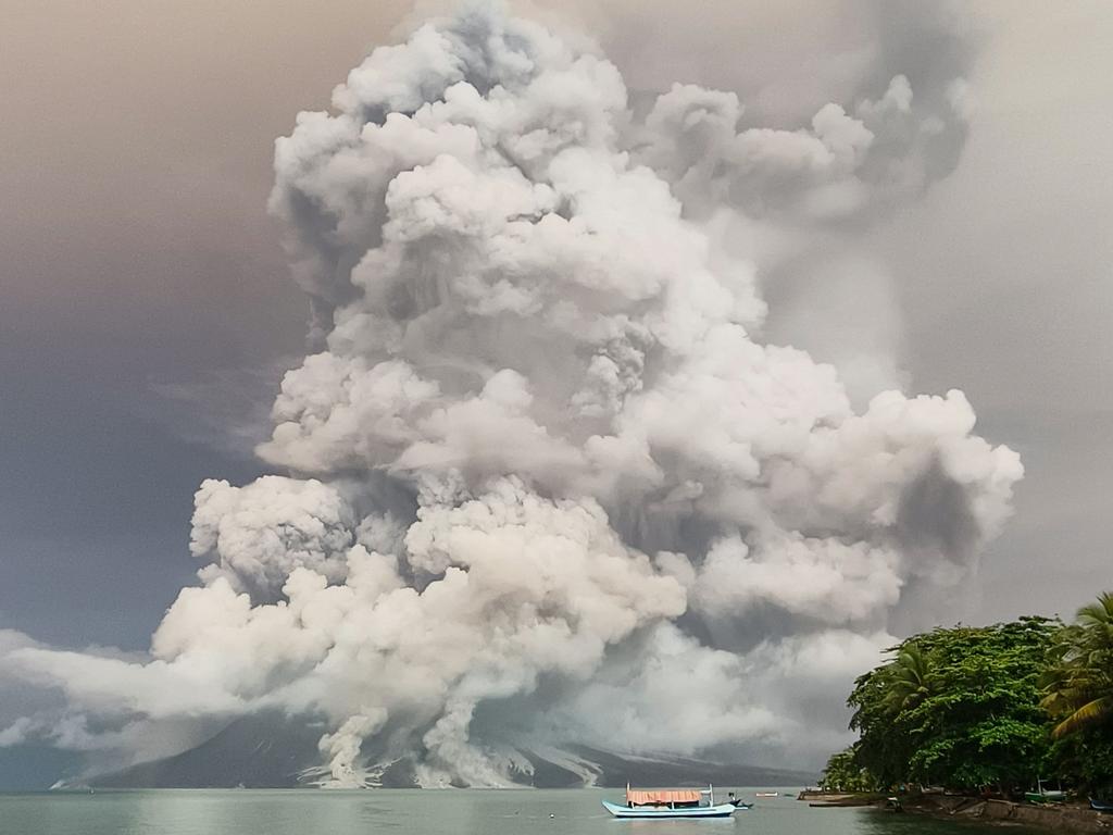 An eruption from Mount Ruang volcano is seen from Tagulandang island in Sitaro, North Sulawesi. Picture: AFP