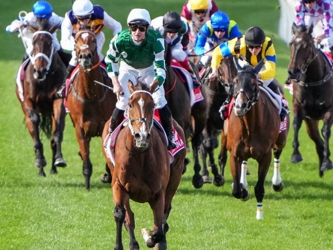 Via Sistina (IRE) ridden by James McDonald wins the Ladbrokes Cox Plate at Moonee Valley Racecourse on October 26, 2024 in Moonee Ponds, Australia. (Photo by Brett Holburt/Racing Photos via Getty Images)