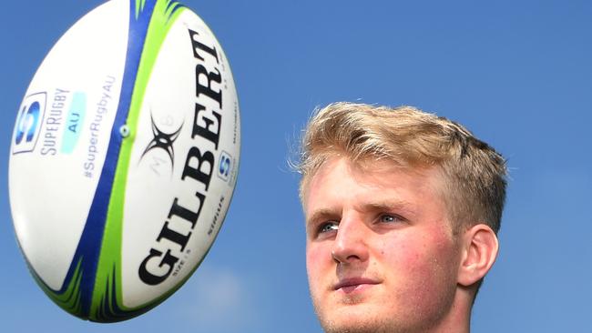 BRISBANE, AUSTRALIA - NewsWire Photos - SEPTEMBER 1, 2021. Queensland Reds new recruit Tom Lynagh, son of former Wallaby Michael Lynagh, poses for photos at Ballymore in Brisbane. Picture: NCA NewsWire / Dan Peled